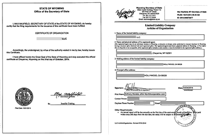 怀俄明州有限责任公司成立证书和组织章程 怀俄明州有限责任公司成立证书和组织章程